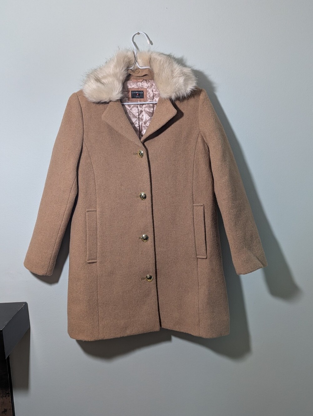Crewcuts J.Crew Girl's 12 Stadium-cloth Topcoat Wool Blend Tan Faux Fur Collar